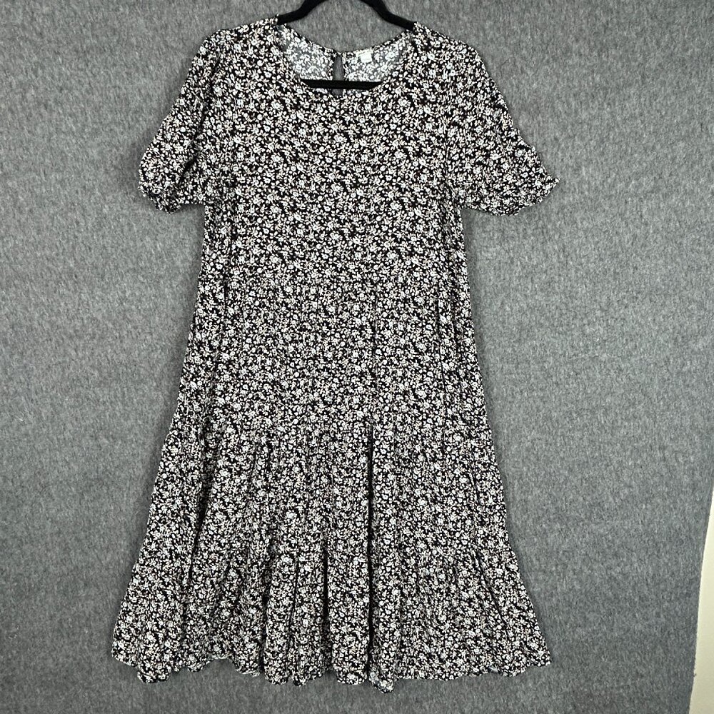Aerie Dress Womens Extra Large Black Floral Short Sleeve Tiered Midi Boho Casual